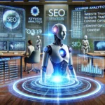 Futuristic office with robots analyzing SEO data.