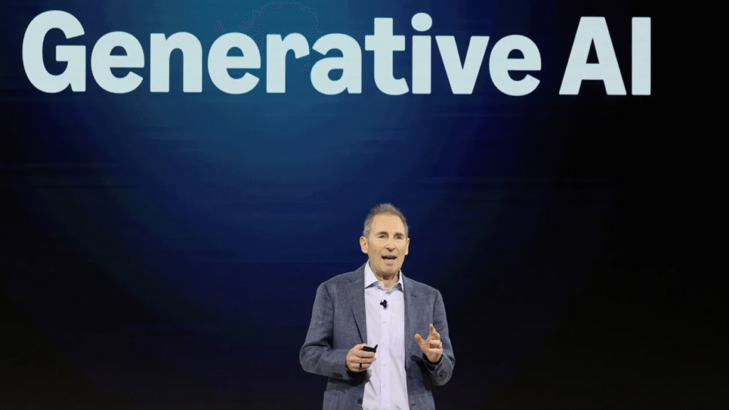 Speaker discussing generative AI on stage.