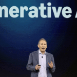 Speaker discussing generative AI on stage.