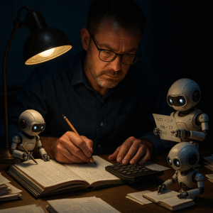 Man and robots calculating at desk