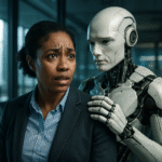 Concerned woman with empathetic robot in office