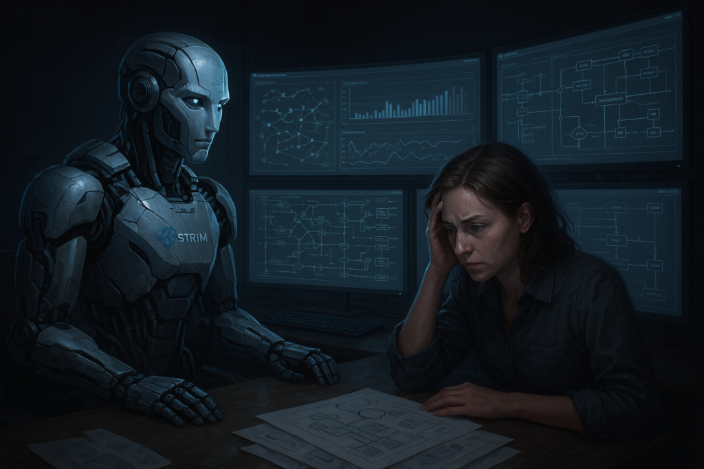 Woman and robot analyzing data on screens.