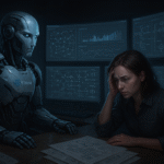 Woman and robot analyzing data on screens.