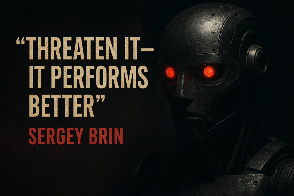 Robot with glowing eyes and motivational quote.