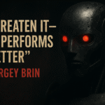 Robot with glowing eyes and motivational quote.
